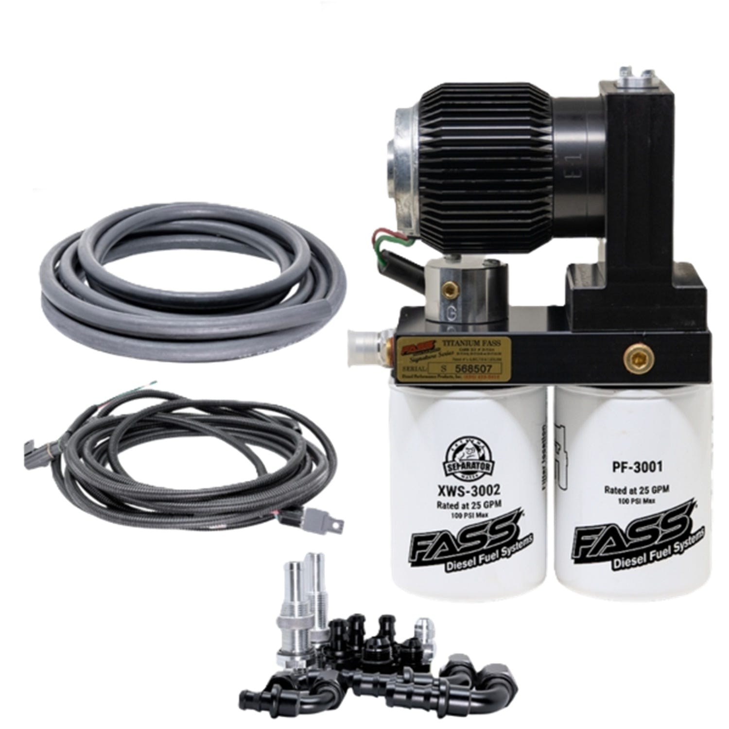 FASS diesel fuel system components including a pump, hoses, and fittings on a white background