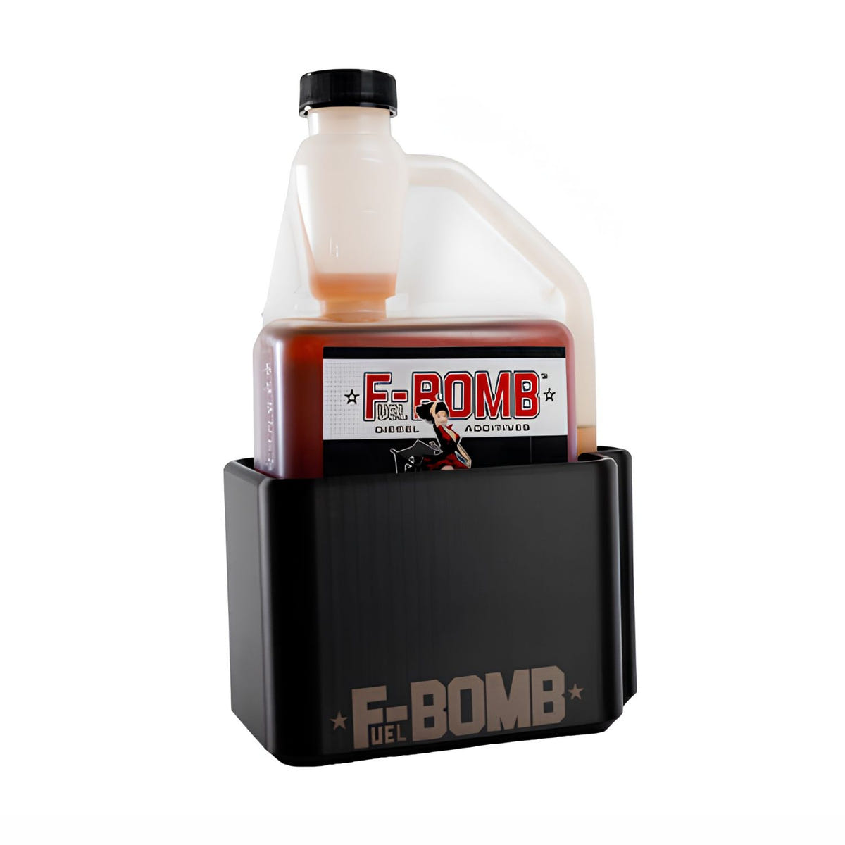 Fuel Bomb diesel additive storage dock holding Fuel Bomb treatment bottle