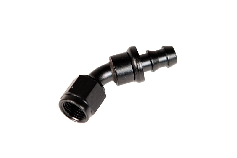 Fleece Performance -8AN 45 Degree to Hose Barb Black Anodized Fitting