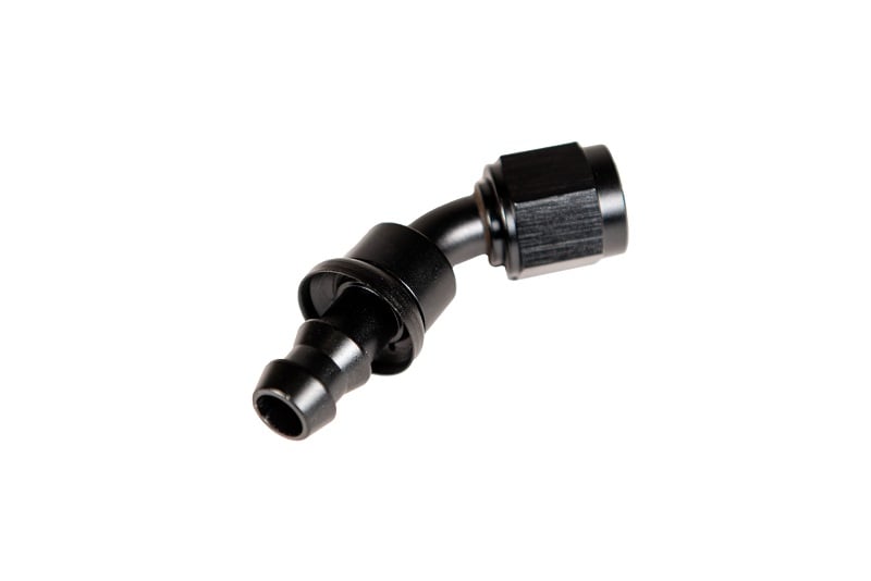 Fleece Performance -8AN 45 Degree to Hose Barb Black Anodized Fitting