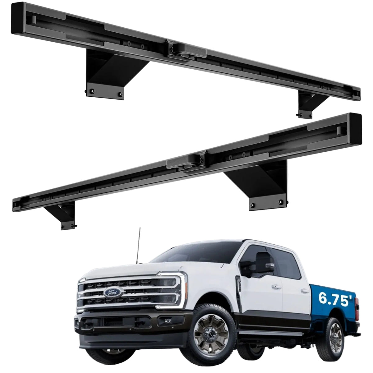 Black Integral bed rails mounted on a 2017-2026 Ford F-350 Super Duty with adjustable tie-down anchors