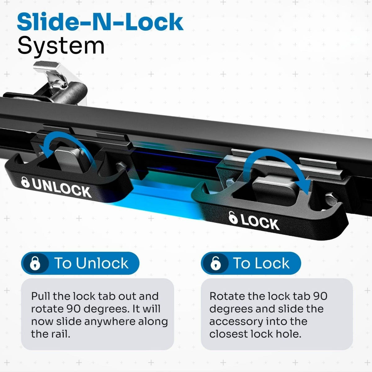 Bedside rail system with two Slide-N-Lock tie-down cleats for GM 2500HD and 3500HD