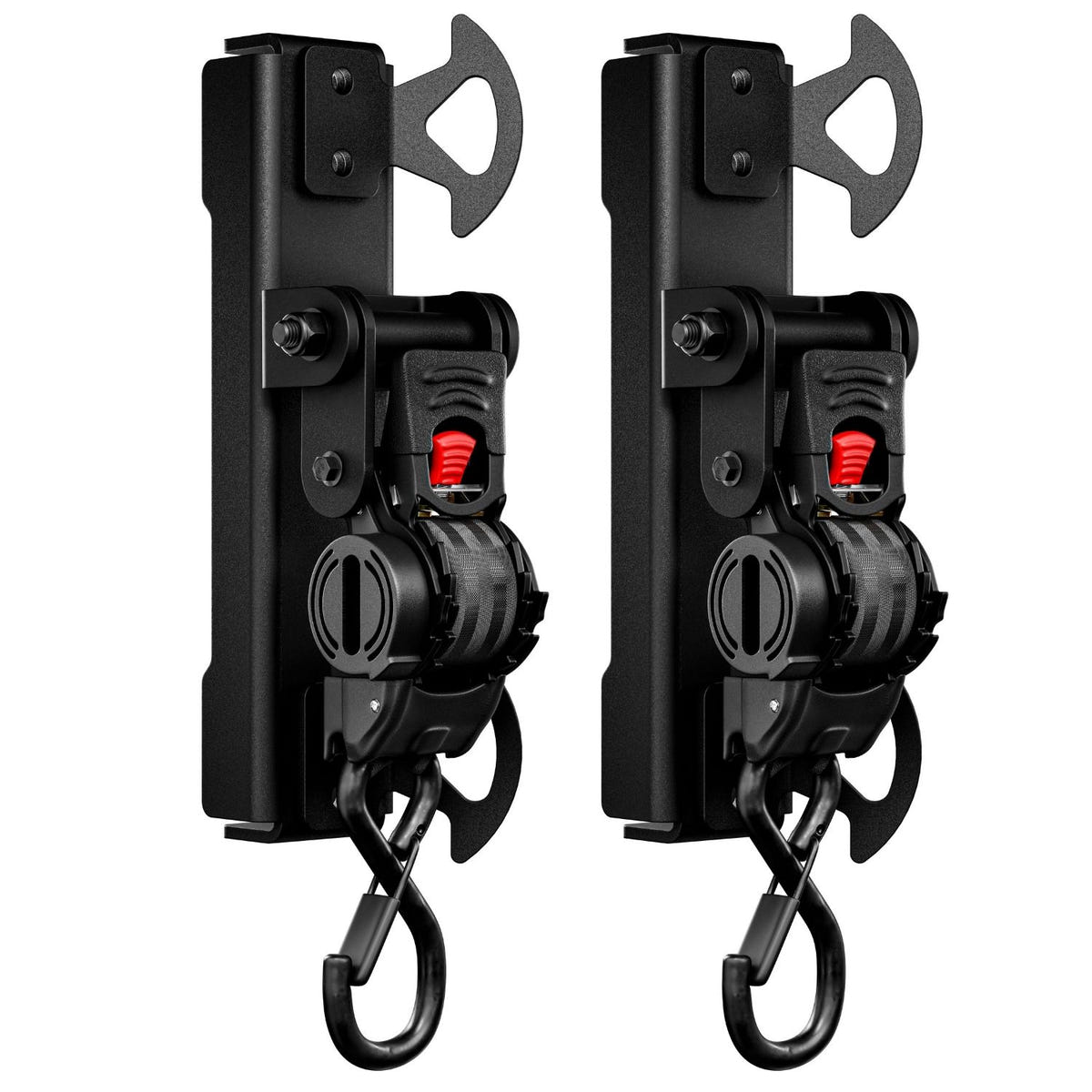 Integral retractable swivel strap mounted to a factory tie-down anchor on a GMC Sierra truck