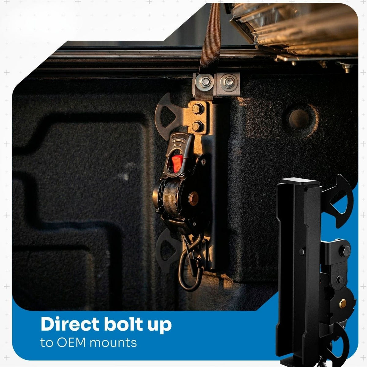 Close-up of an Integral swivel strap with a self-aligning universal joint and retractable strap
