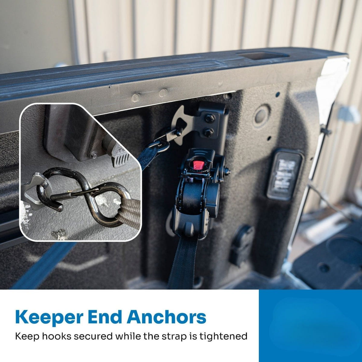 Integral retractable truck bed strap with a low-profile triple-pivot storage design