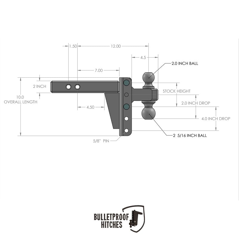 Bulletproof Hitch 2.0" Shank Heavy Duty 4" Drop and Rise Hitch