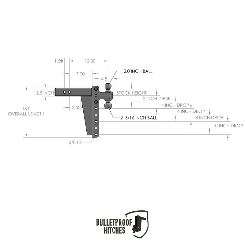 Bulletproof Hitch 2.5" Shank Heavy Duty 10" Drop and Rise Hitch