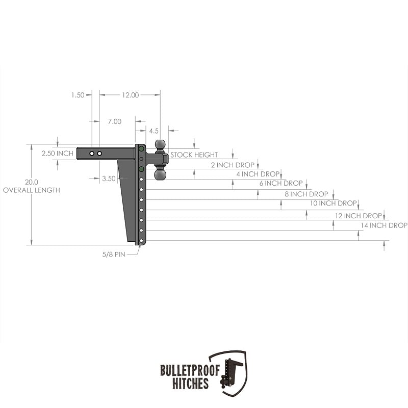 Bulletproof Hitch 2.5" Shank Heavy Duty 14" Drop and Rise Hitch