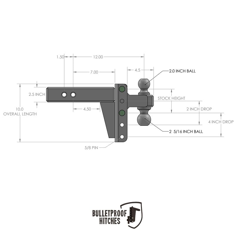 Bulletproof Hitch 2.5" Shank Heavy Duty 4" Drop and Rise Hitch