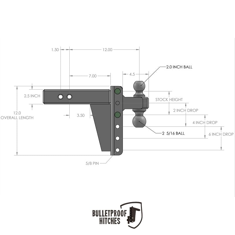 Bulletproof Hitch 2.5" Shank Heavy Duty 6" Drop and Rise Hitch