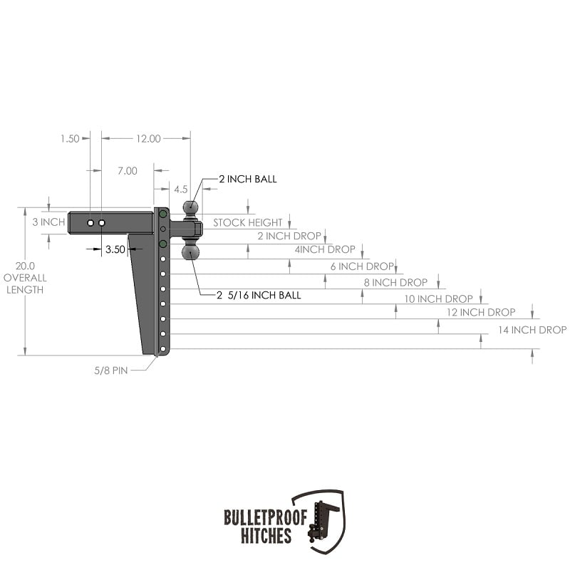 Bulletproof Hitch 3.0" Shank Heavy Duty 14" Drop and Rise Hitch