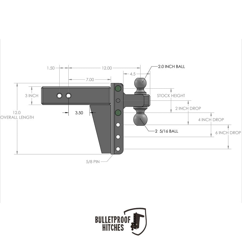 Bulletproof Hitch 3.0" Shank Heavy Duty 6" Drop and Rise Hitch