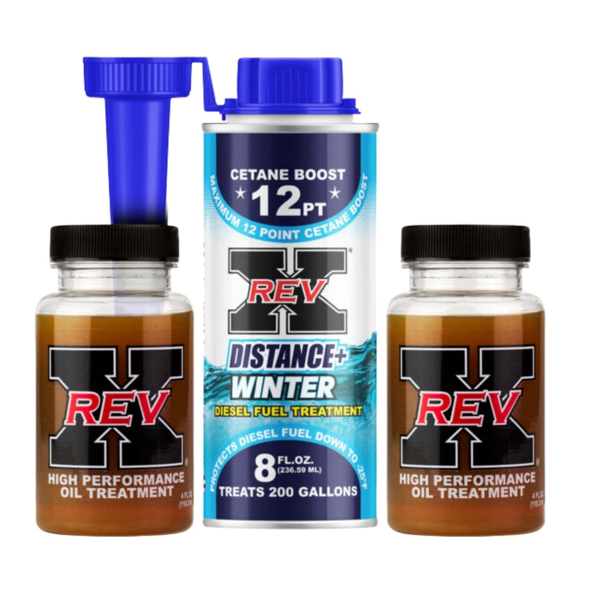 REV X Distance+ Winter Diesel Treatment Kit with cold weather fuel additive and oil treatment