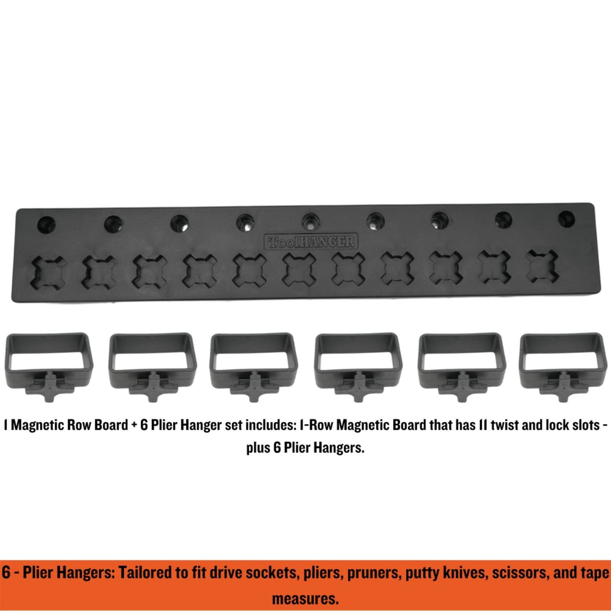 Close-up of ToolHanger magnetic plier hangers holding hand tools in a garage workshop