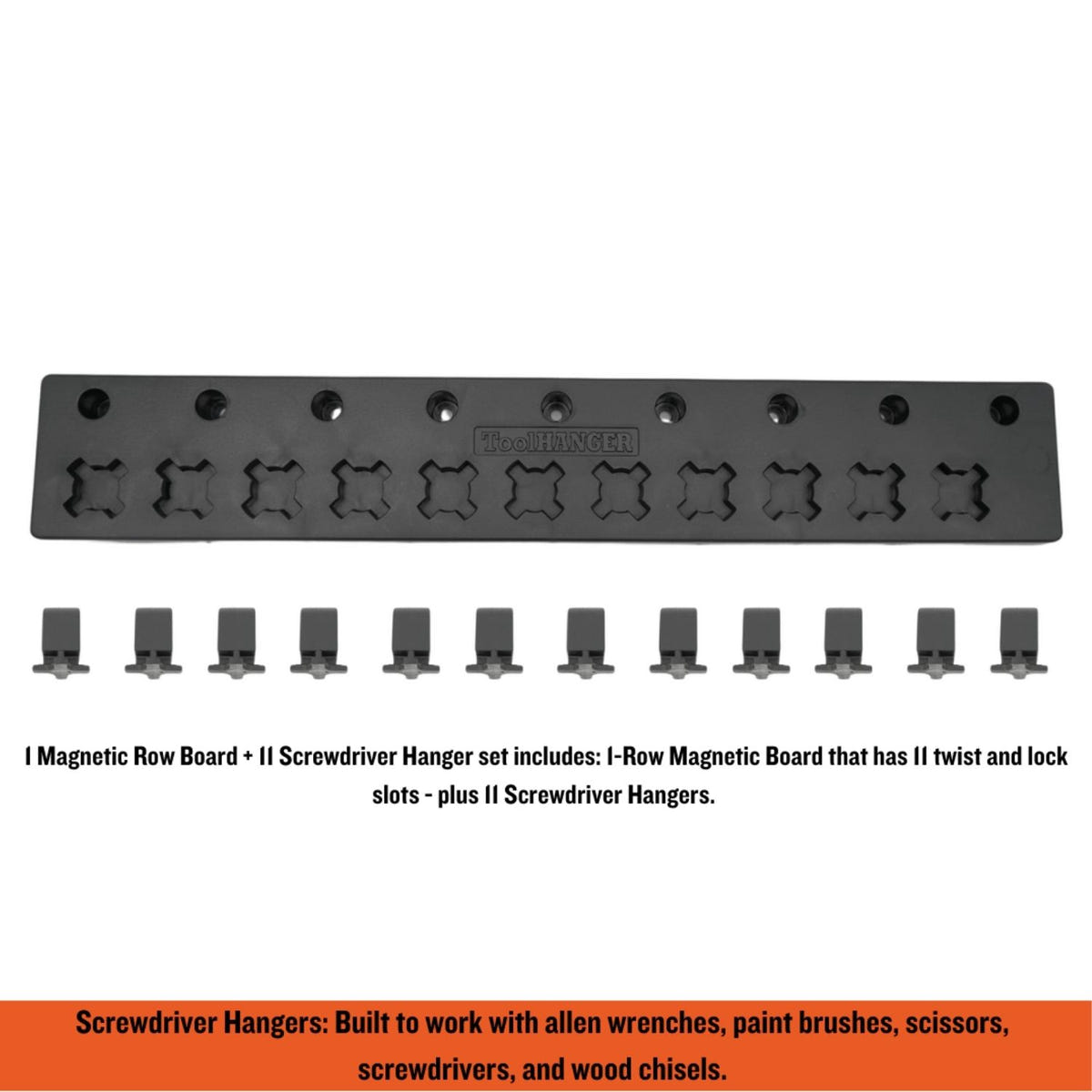 Wall-mounted ToolHanger magnetic storage system for screwdrivers, paint brushes, and wood chisels