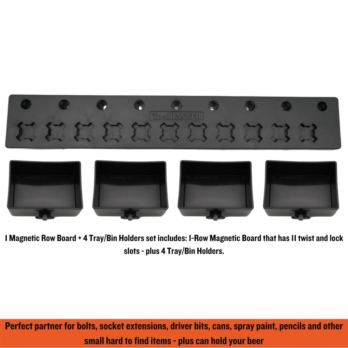 Close-up of ToolHanger magnetic tray/bin holders mounted on a metal toolbox