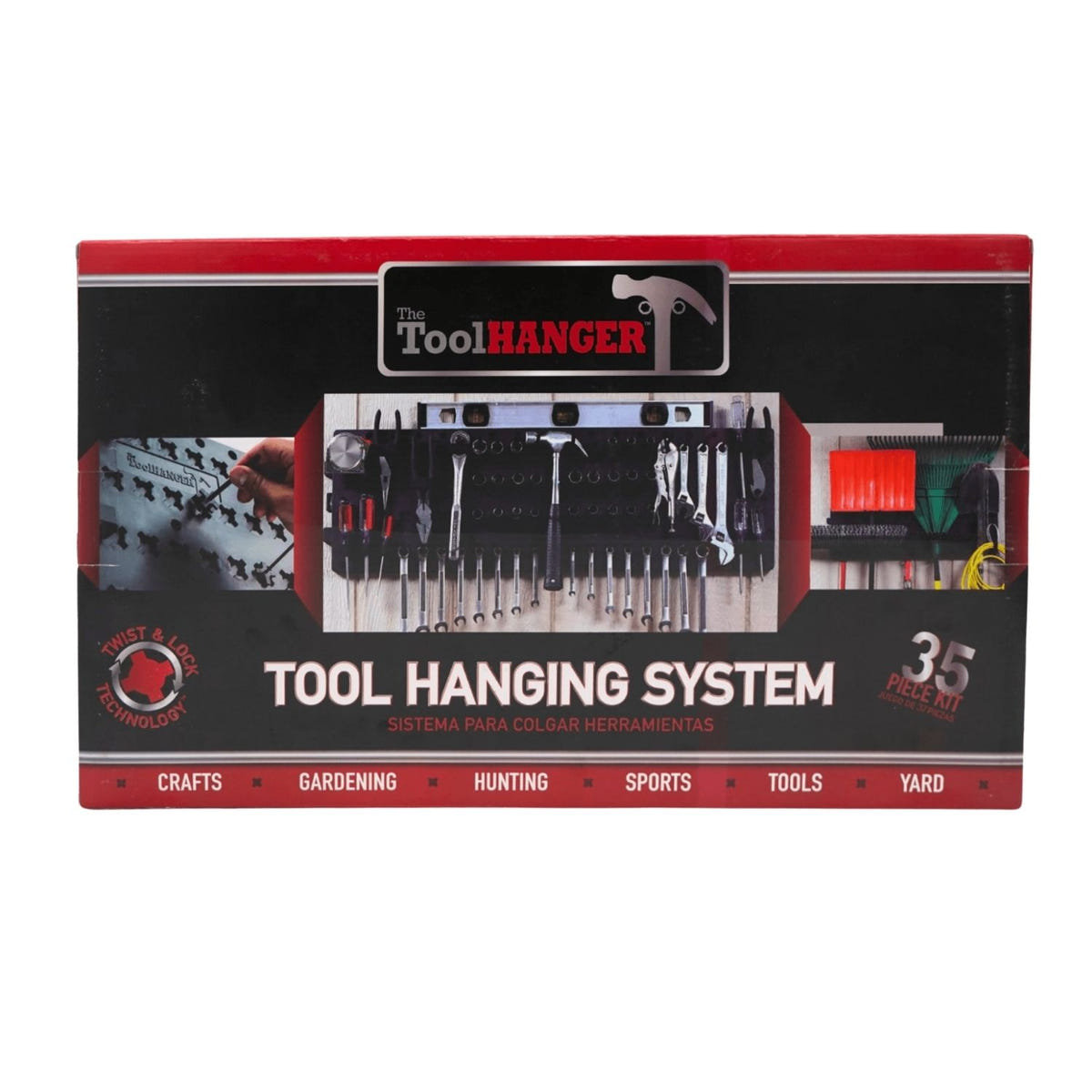 Close-up of ToolHanger twist-and-lock tool hangers on a wall-mounted organization board