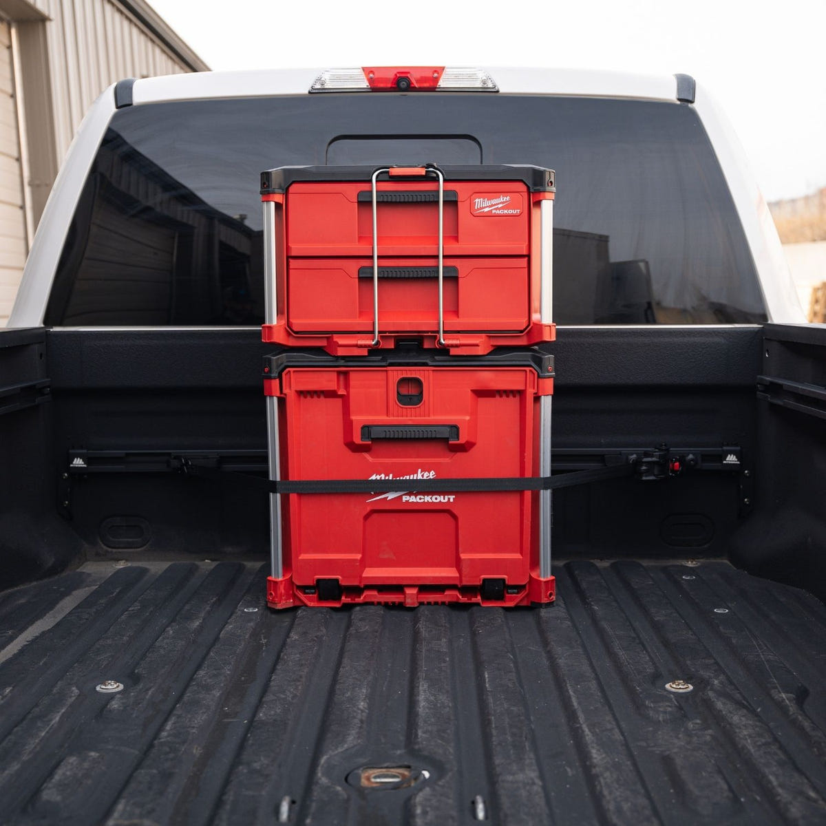 Close-up of an Integral Bulkhead Rail mounted to the front of a 2017-2026 Ford Super Duty truck bed