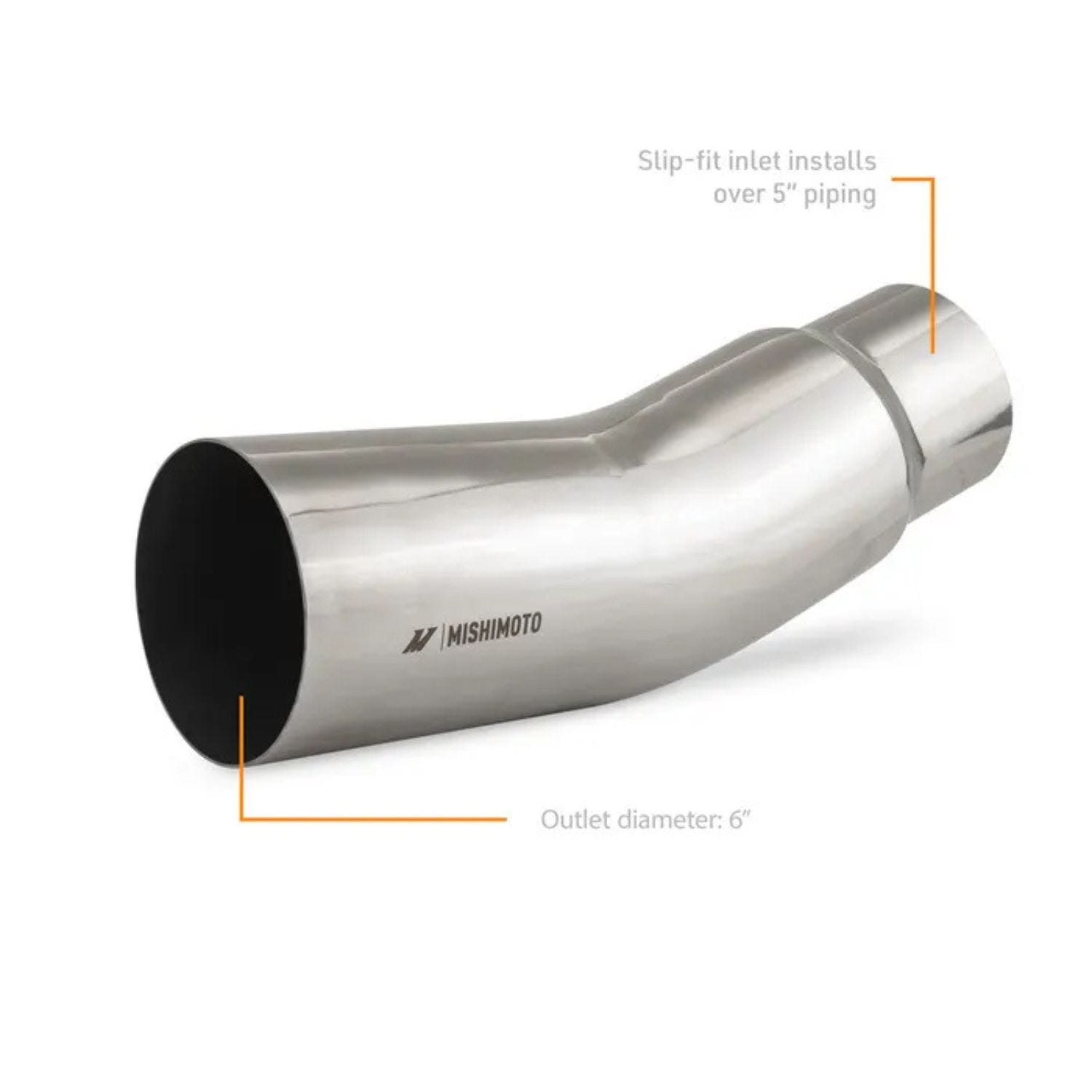 Mishimoto 5 inch inlet 6 inch outlet turndown exhaust tip installed on diesel exhaust system