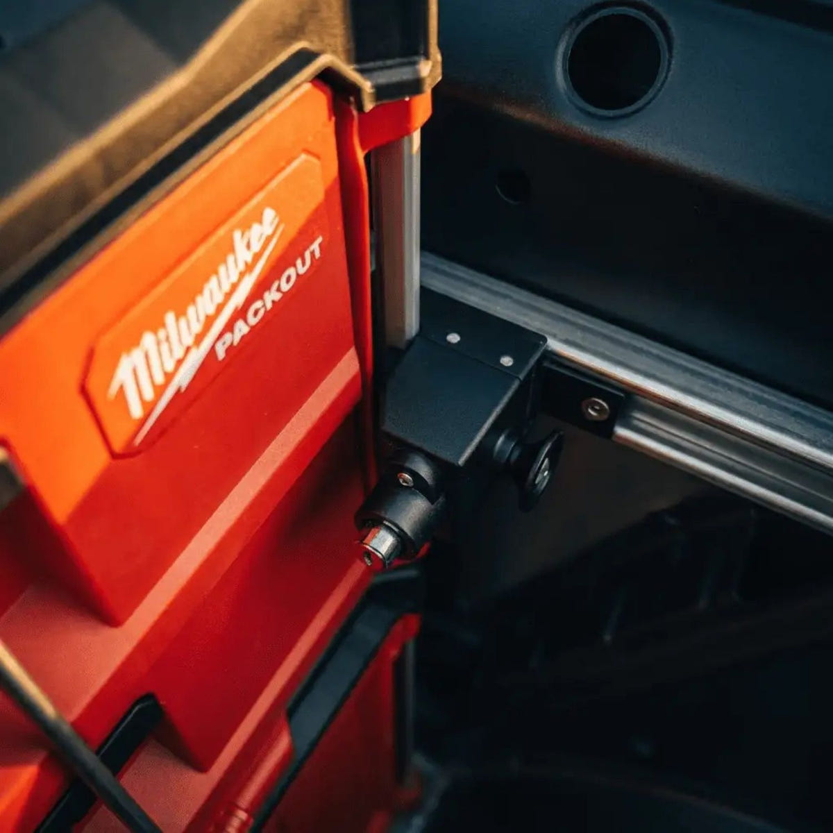 Integral Truck Stack Lock with spring-loaded keyed locking mechanism for Packout organizers