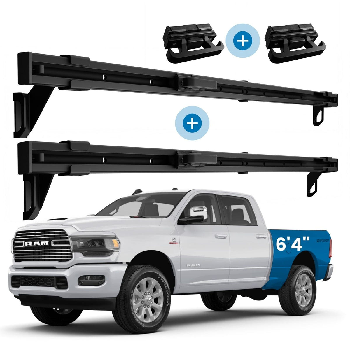Black Integral bed rails mounted on a 2019-2026 Ram 3500 HD 6-foot 4-inch bed