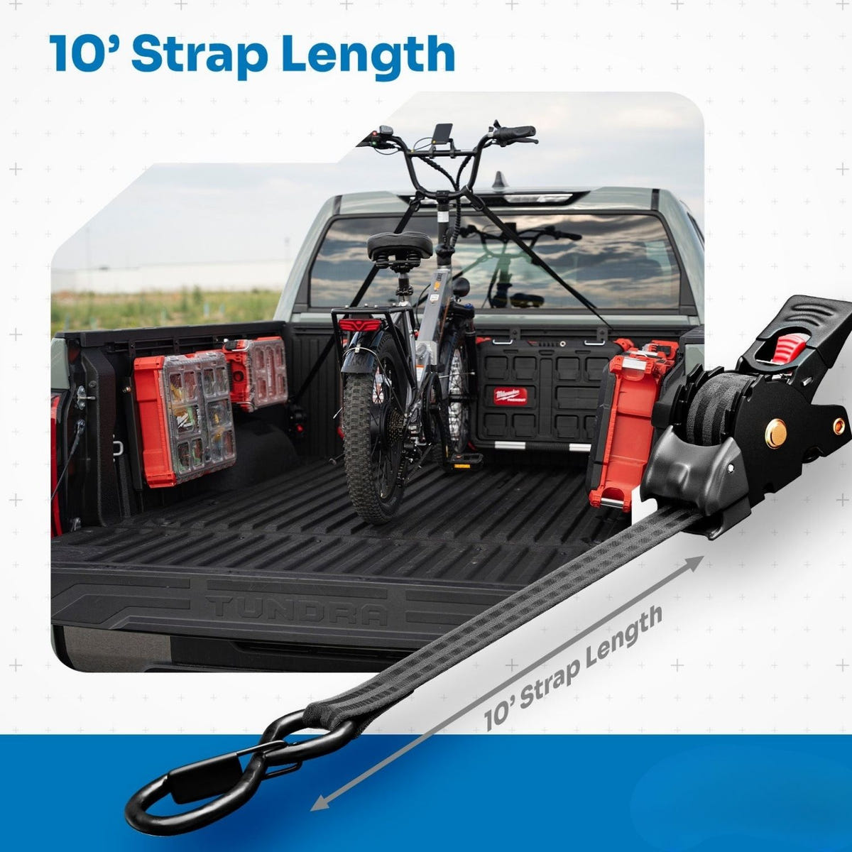 Retractable truck bed strap with patented swivel joint for Ram HD