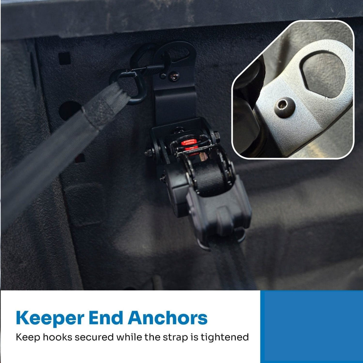 Factory-mounted retractable tie-down strap for Ram 2500 and 3500