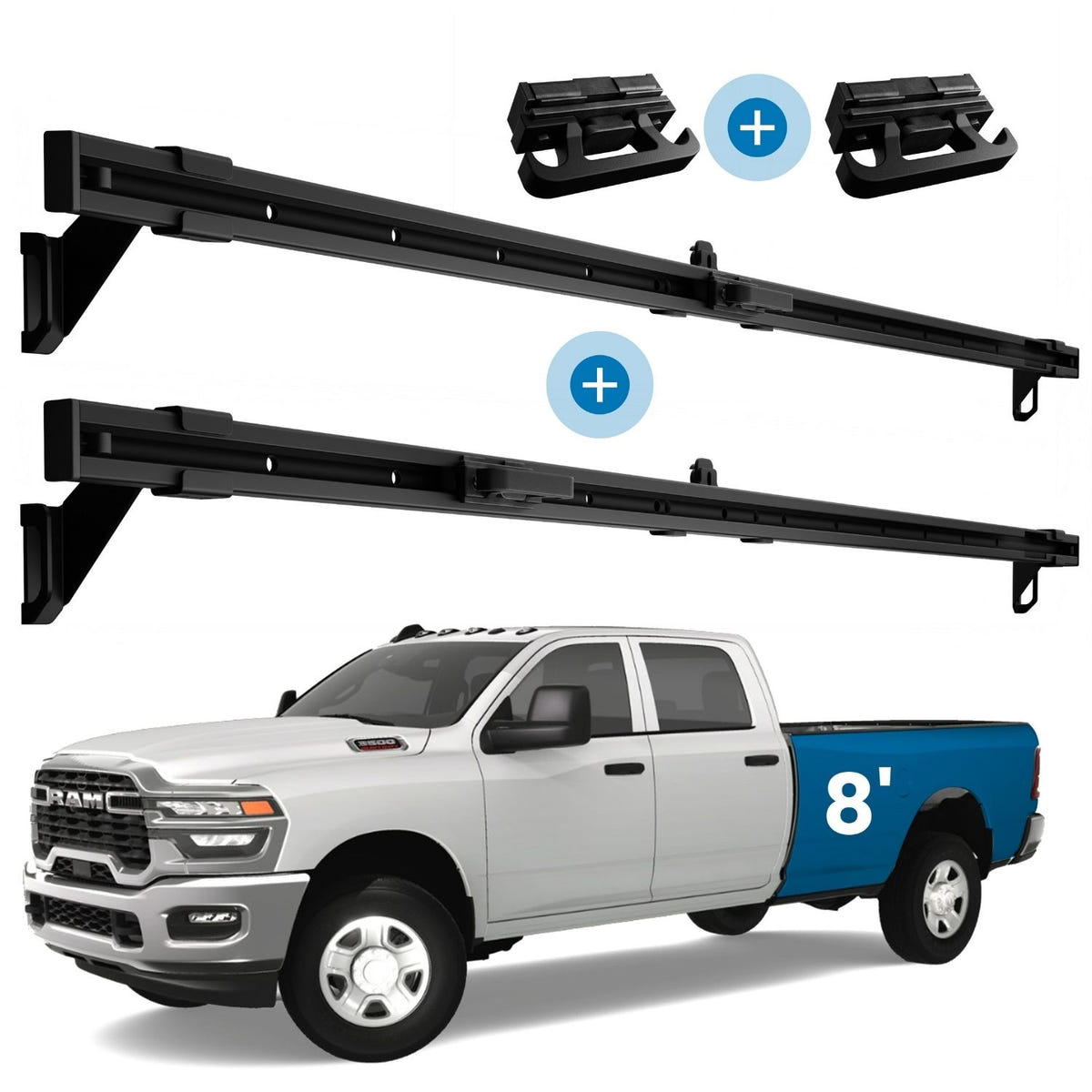 Black Integral bed rails mounted to a 2019+ Ram 3500 long bed using factory tie-down locations