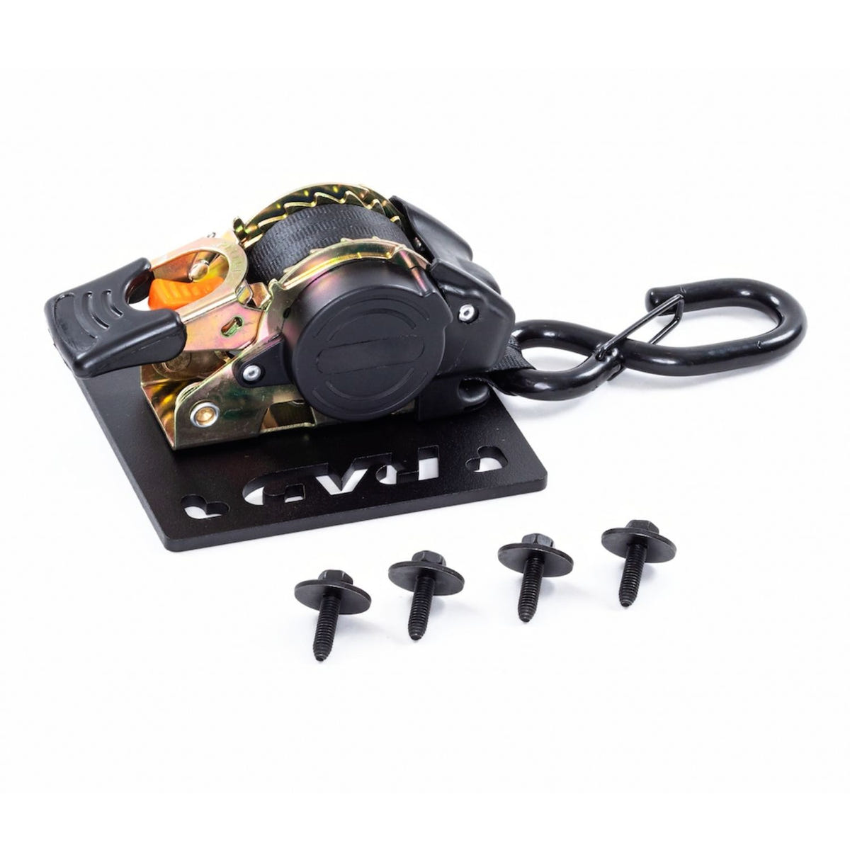DOT-certified 1-inch by 9-foot RAD mounted ratchet strap replacement with orange tabs and installation hardware