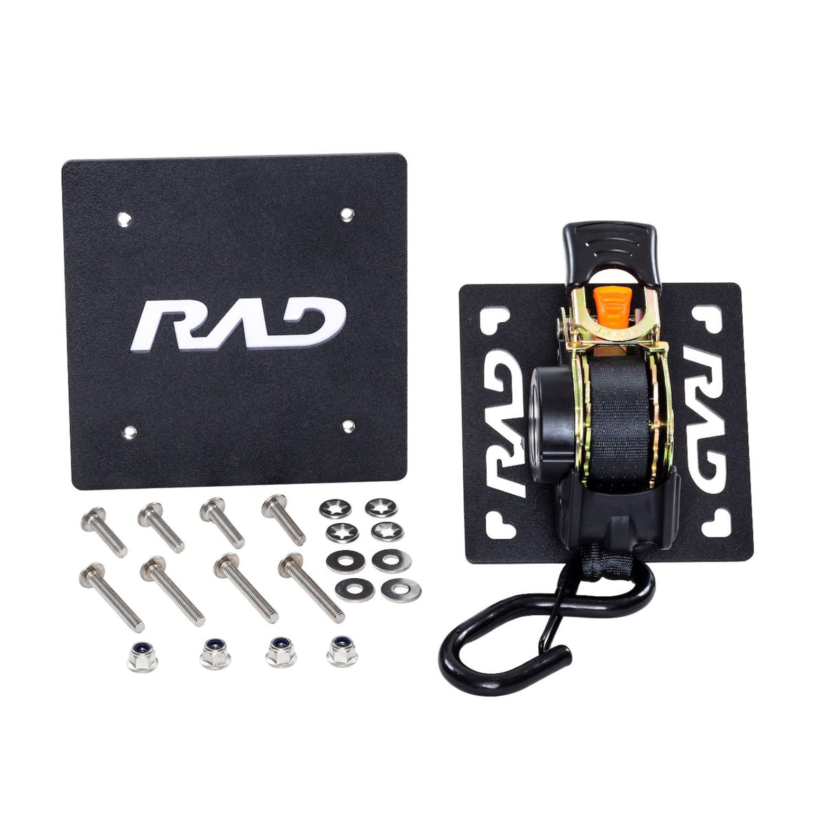 Universal RAD Truck Straps single retractable cargo tie-down system with 1" x 9' strap, steel mounting plate, and installation hardware for truck beds