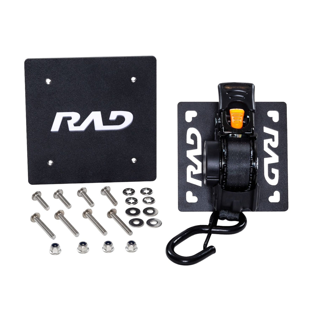 RAD Truck Straps Universal Single DOT-certified mounted ratchet strap with patented Universal Plate and hardware for Chevy, RAM, GMC pickup trucks