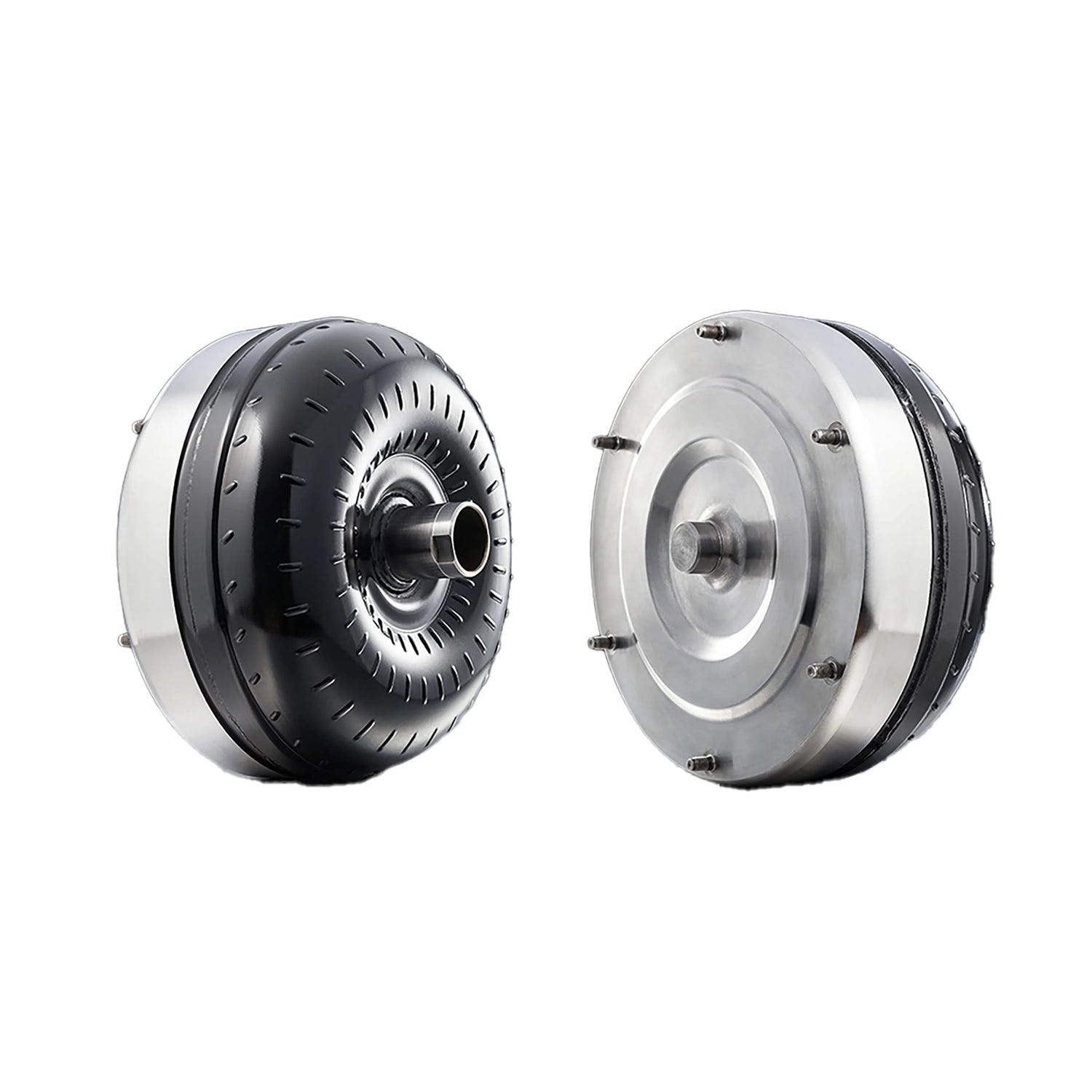 Two automotive torque converters shown side by side on a plain white background, one displaying the black treaded outer ring and the other showing the silver metallic splined hub.
