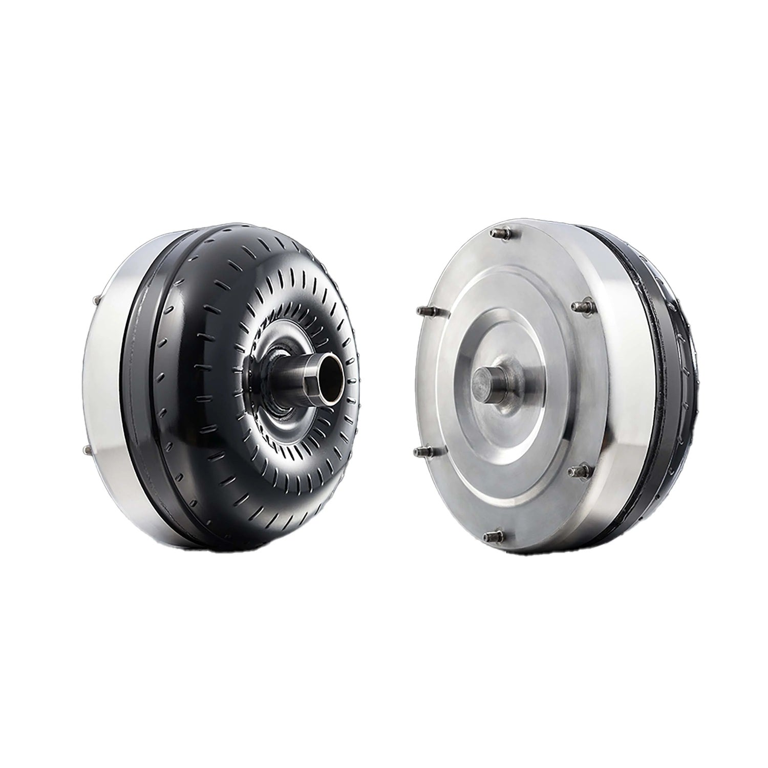 Two automotive torque converters shown side by side on a plain white background, one displaying the black treaded outer ring and the other showing the silver metallic splined hub.