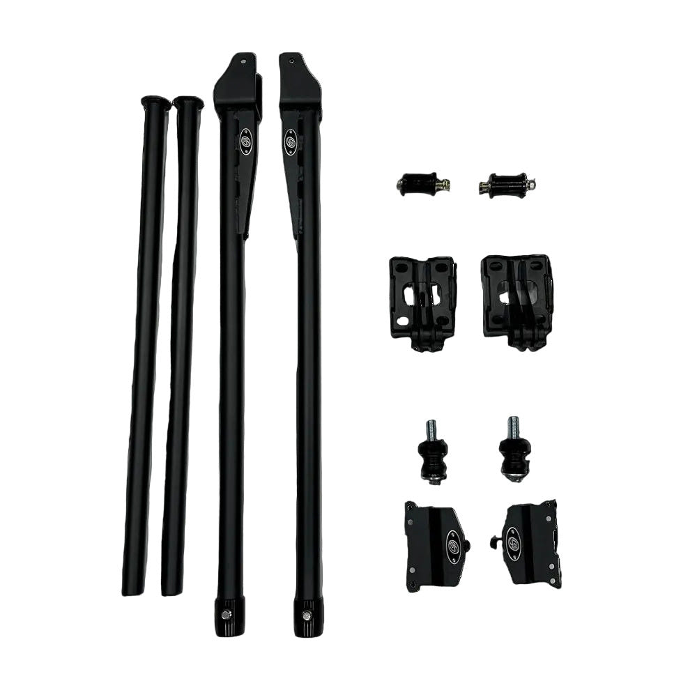 Set of black metal components on a white background