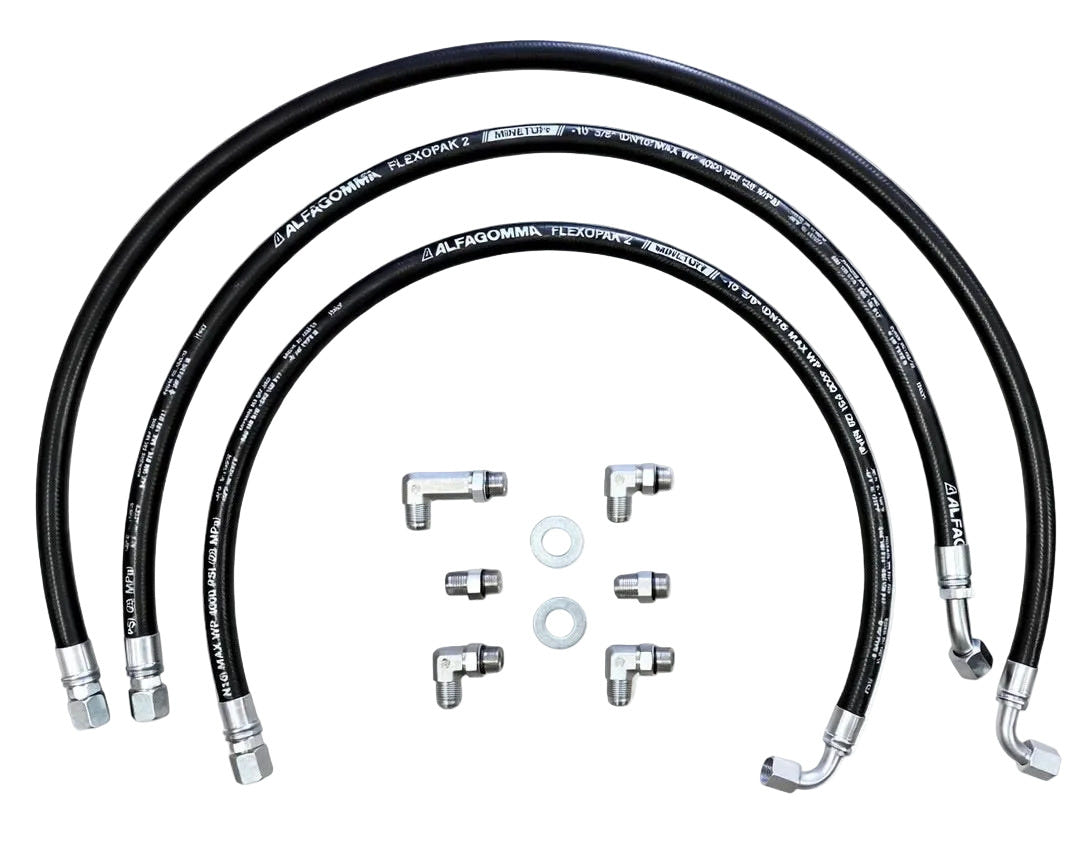 Set of black hydraulic hoses and metal fittings on a white background.