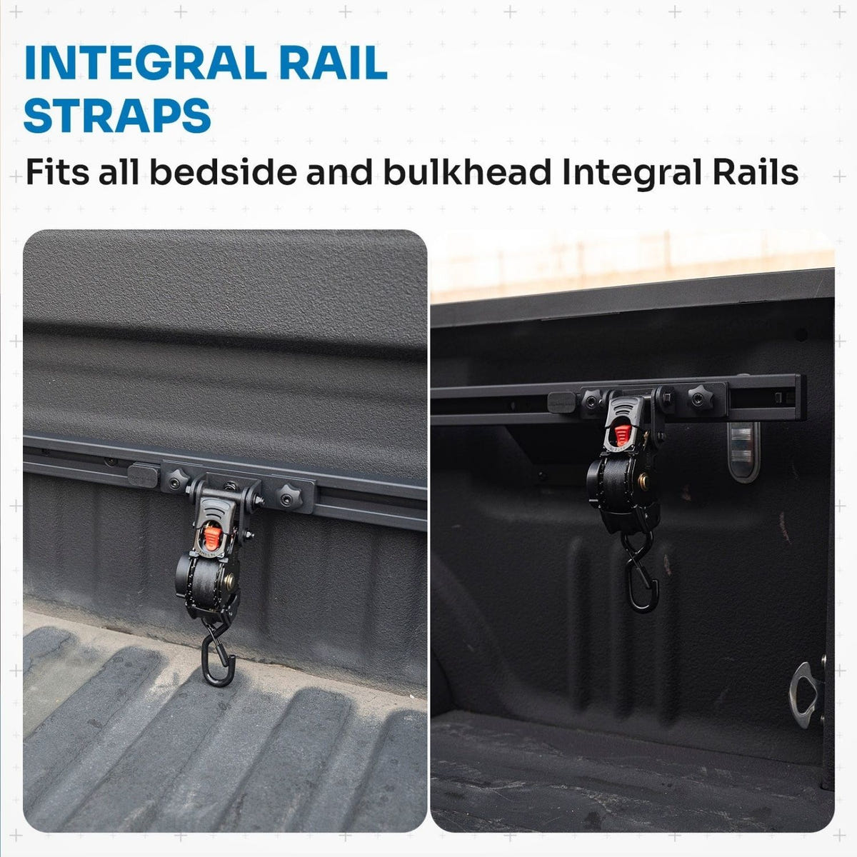 Integral Truck Swivel Straps™ with push-button retractable design for truck bed organization