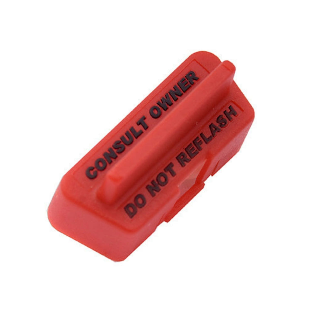Close-up of Longhorn Fab Shop DO NOT REFLASH OBD-II port cover used to discourage unauthorized access to tuned vehicle diagnostics