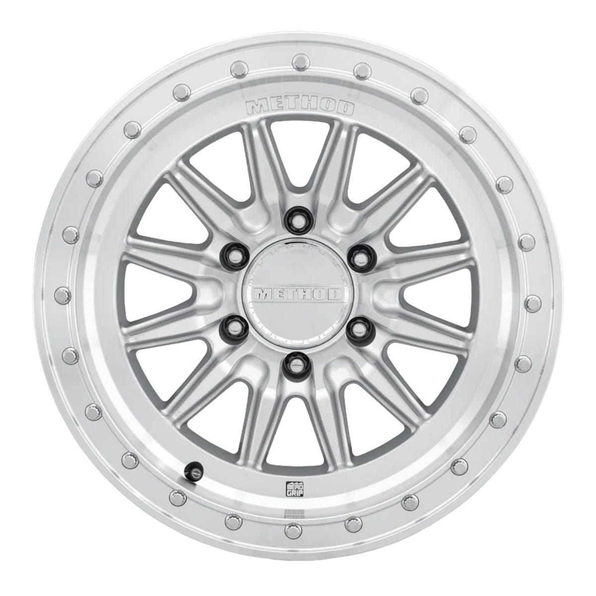 Method 711-HD Bead Grip aluminum truck wheel with debossed METHOD branding and 12-window styling