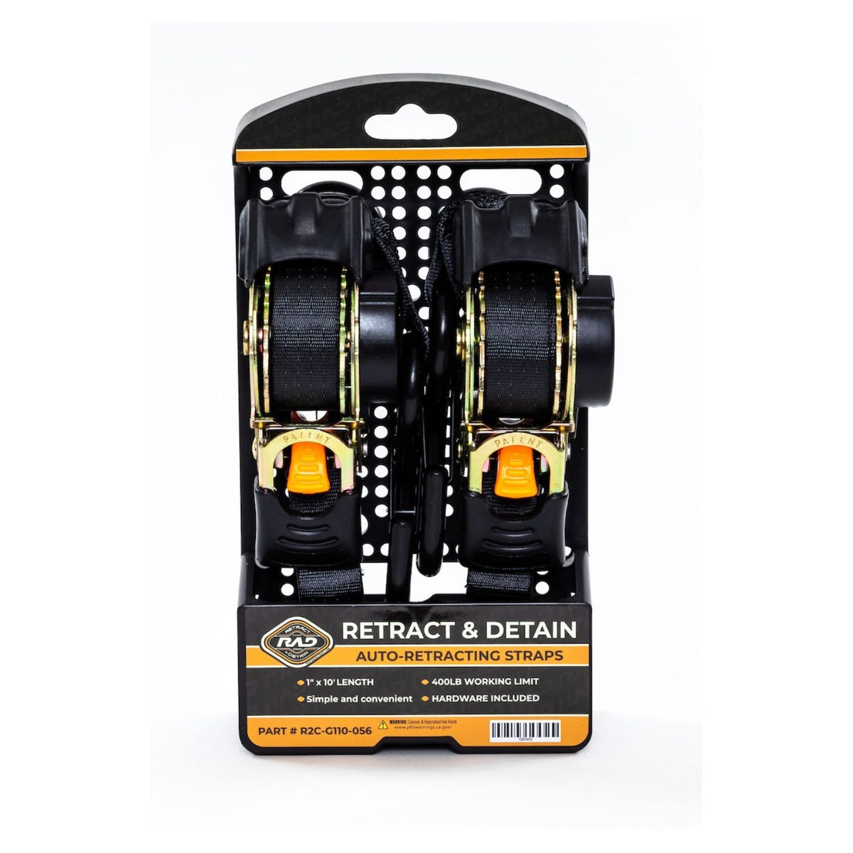 Pair of 1-inch by 9-foot RAD ratchet straps with double hooks for securing cargo to existing anchor points