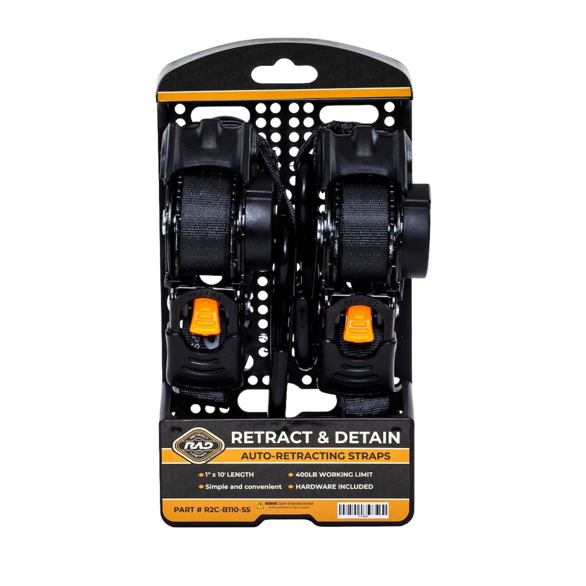Two RAD auto-retracting ratchet straps with double hooks for truck beds, trailers, and cargo hauling