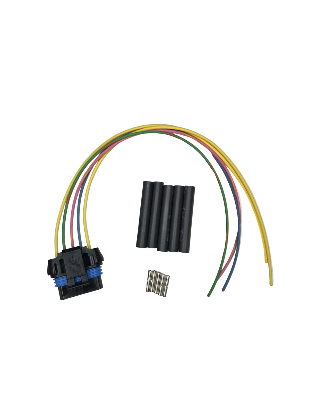 Wiring harness with connectors and screws on a white background