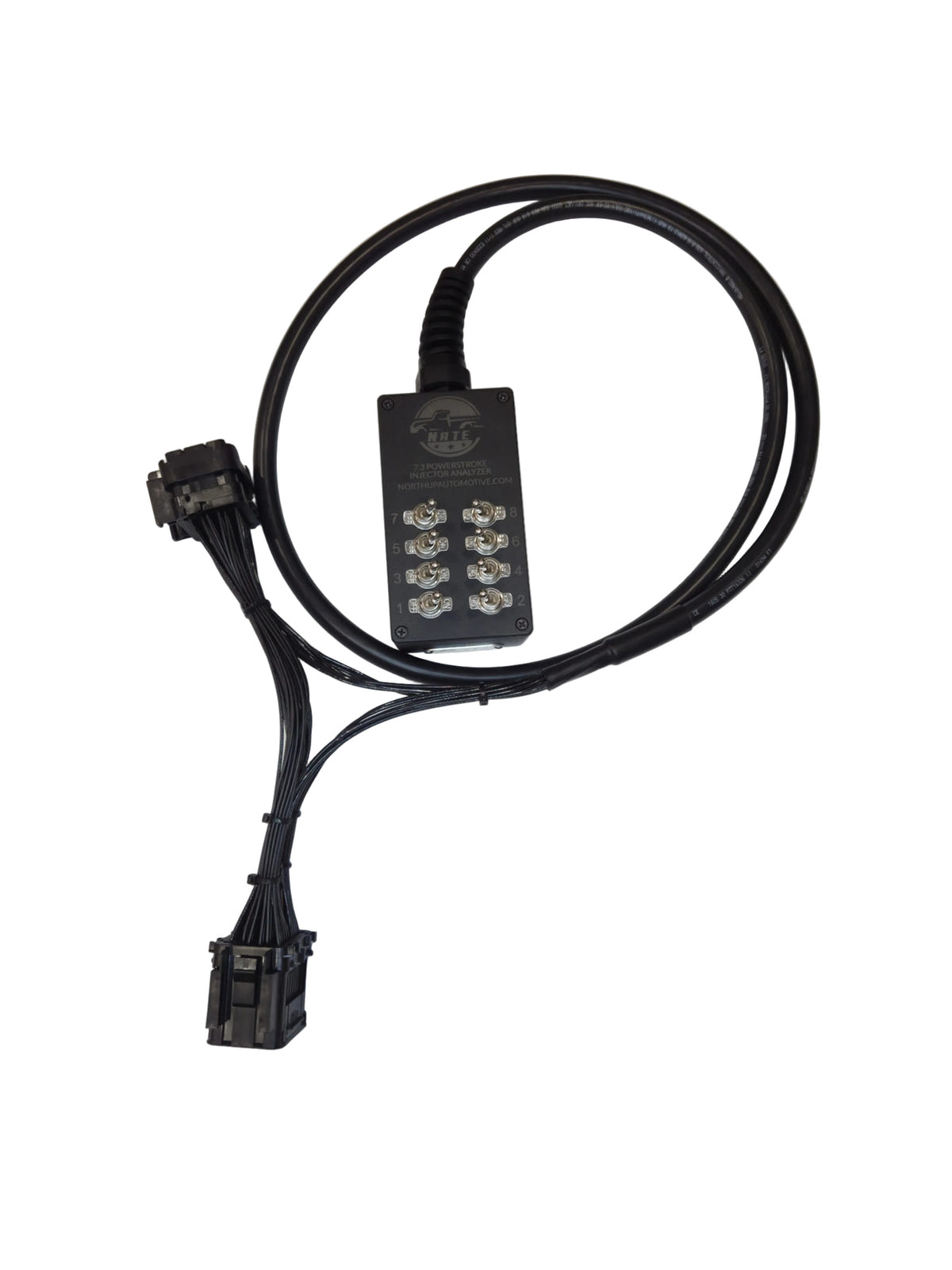 Black cable with connectors on a white background