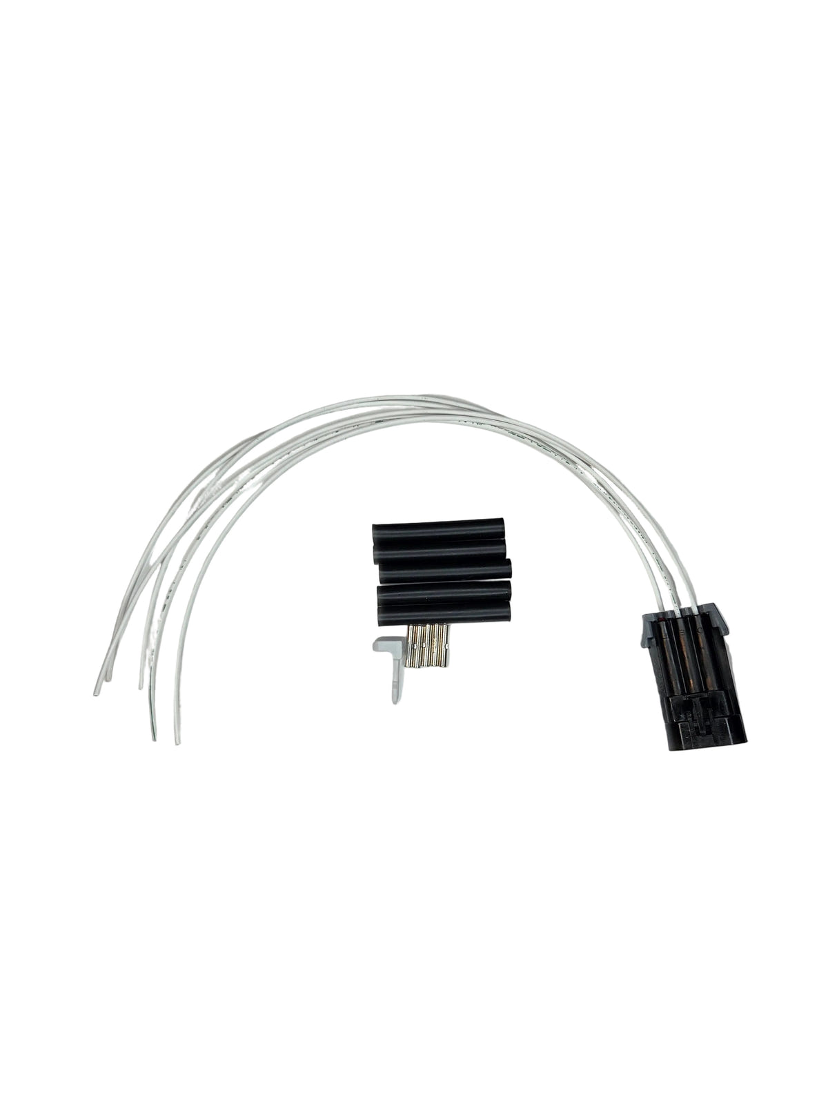Electrical connector set with black connectors and clear cables on a white background