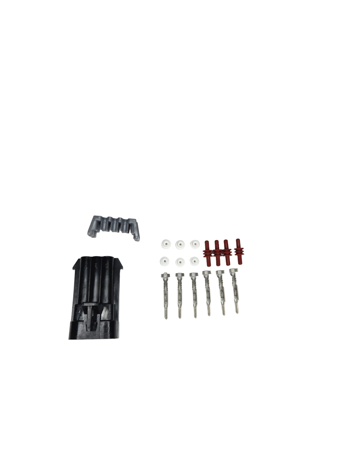 Collection of mechanical parts including a black cylindrical component, springs, and screws on a white background.