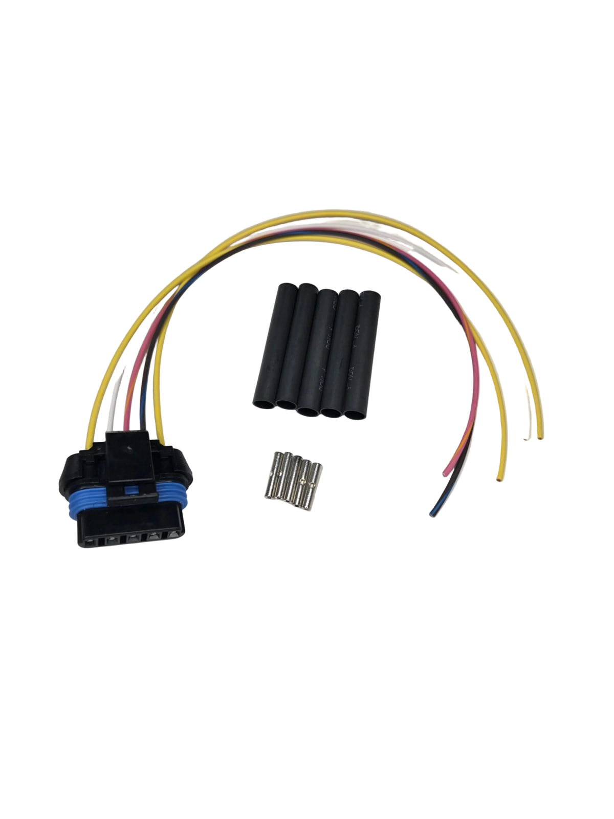 Wiring harness with connectors and screws on a gray background