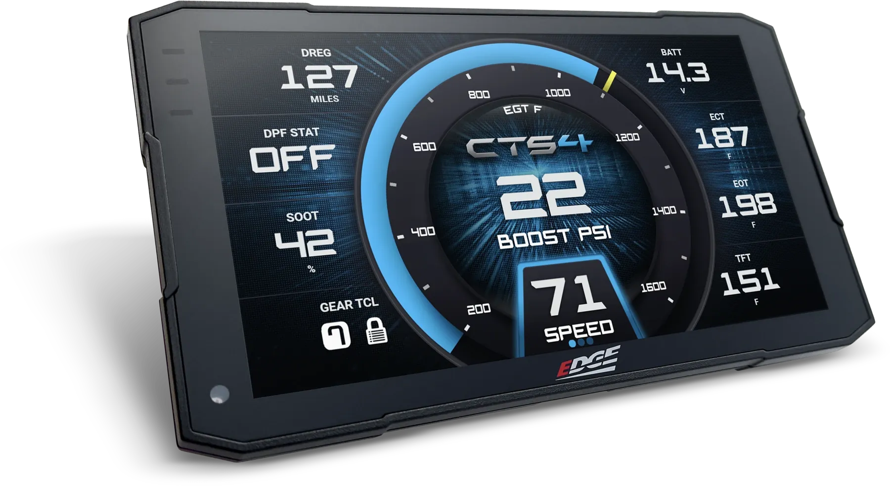 Close-up of the CTS4 display, showing live boost, speed, and vehicle readings