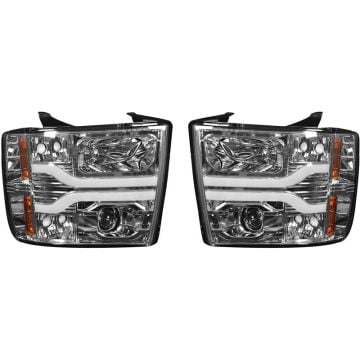 RECON Clear/Chrome Projector Headlights with OLED Halos 07-13 Chevy Silverado