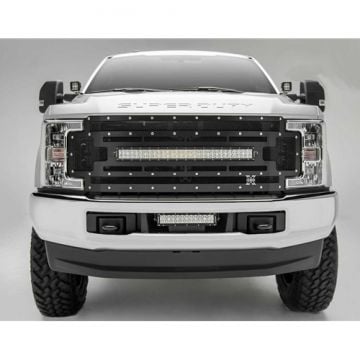 T-Rex Torch Series Black Grille w/ Chrome Studs & 30" Curved LED Light 17-19 6.7L Ford Powerstroke